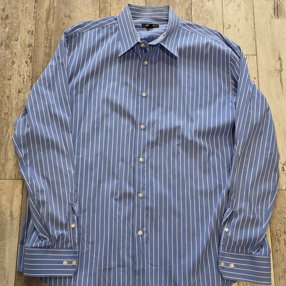 (XXL 18-18.5) Men's Express 1MX Button Down Cotton Shirt Striped Blue Flex 2XL